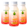 Three glass bottles of Dr. Replenish After Party Recovery Drink in passionfruit flavor on a white background.