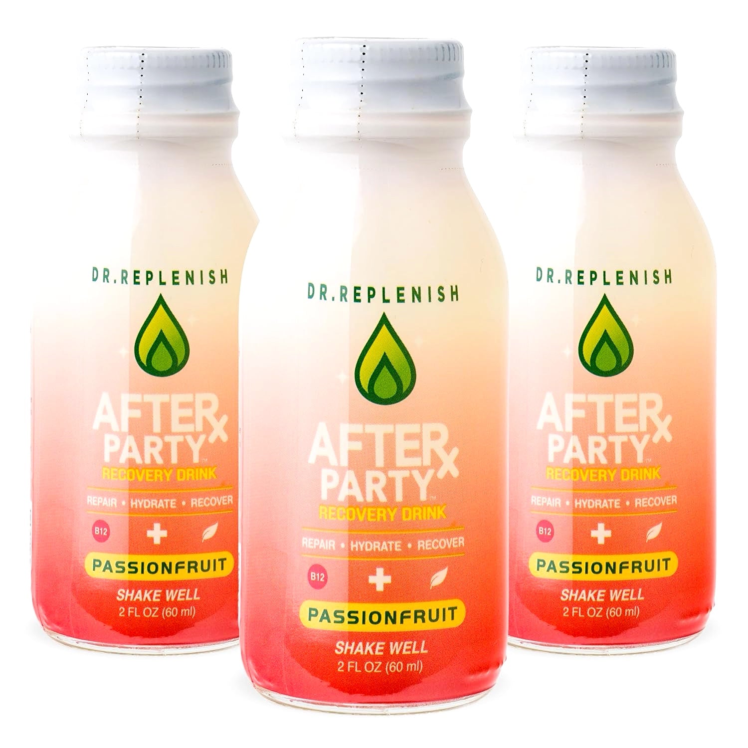 Three glass bottles of Dr. Replenish After Party Recovery Drink in passionfruit flavor on a white background.